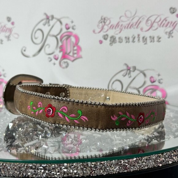 Belt rhinestone bling embroidered Brown and Pink Embellished Belt